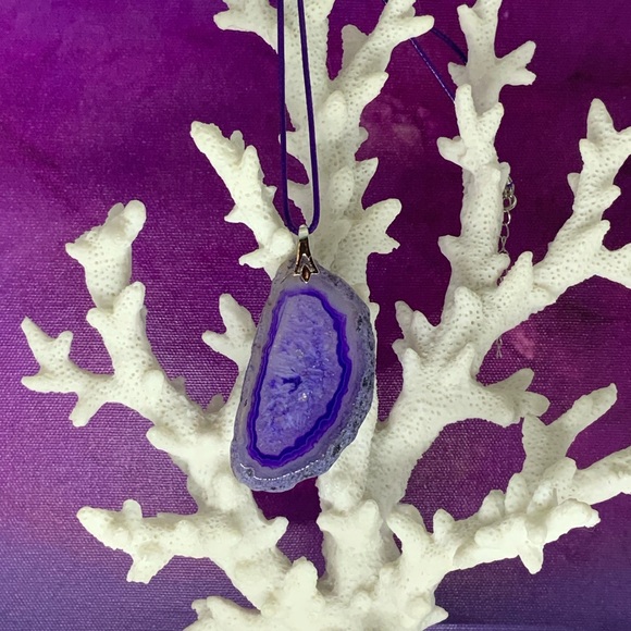 Purple Onyx Druzy Geode Agate Pendant Necklace on Waxed Cotton Cord Handmade - Picture 10 of 16